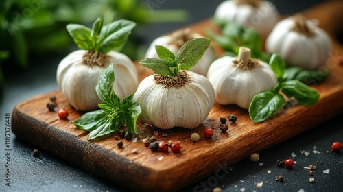 Fresh garlic and herbs arranged on a wooden board in a rustic setting