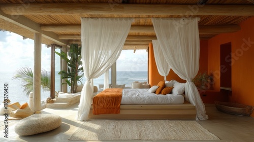 Serene wooden bedroom with natural light and lush greenery in a peaceful retr...
