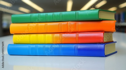 Vibrant color-coordinated books stacked in a library setting on a white table