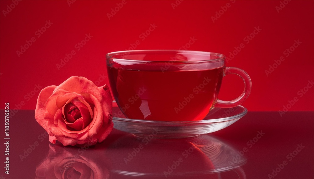 Fototapeta premium National peace rose day, red tea in cup, rose flower, isolated red background, copy space
