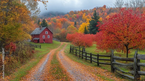 Colorful autumn landscape with red barn and vibrant trees along winding count...