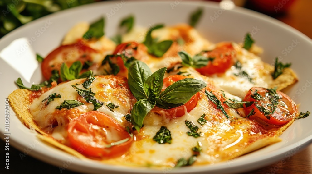 Close up of a dish of baked tomatoes and mozzarella Close up of a dish of baked tomatoes and mozzarella