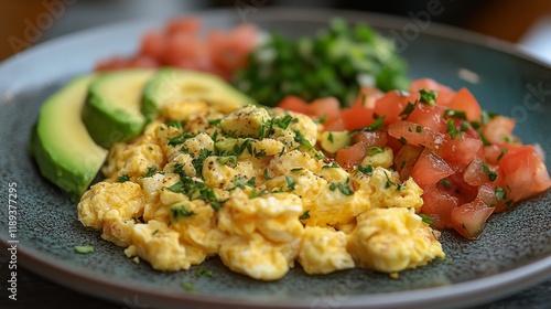Savory scrambled eggs served with fresh avocado and vibrant tomato salsa on a...