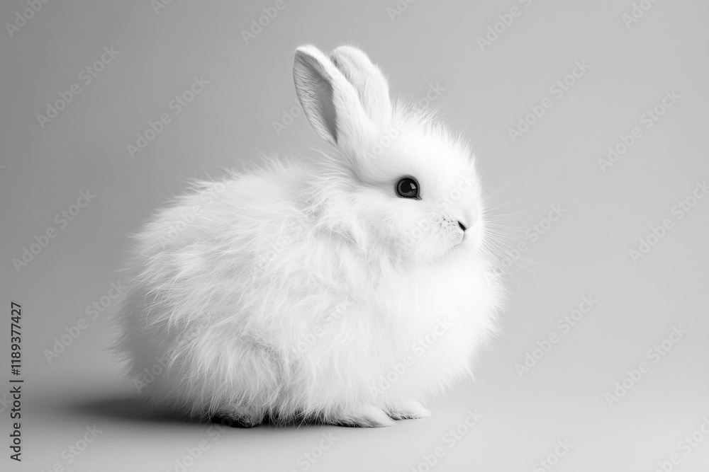 a fluffy white rabbit poses on a gray background a fluffy white rabbit poses on a gray background