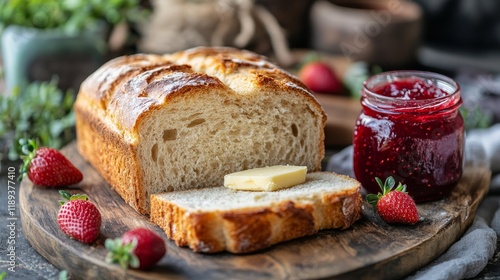 Freshly baked bread with butter and strawberry jam served on a rustic wooden ...