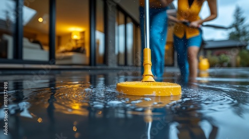 Cleaning outdoor surface with pressure washer during early evening in modern ...