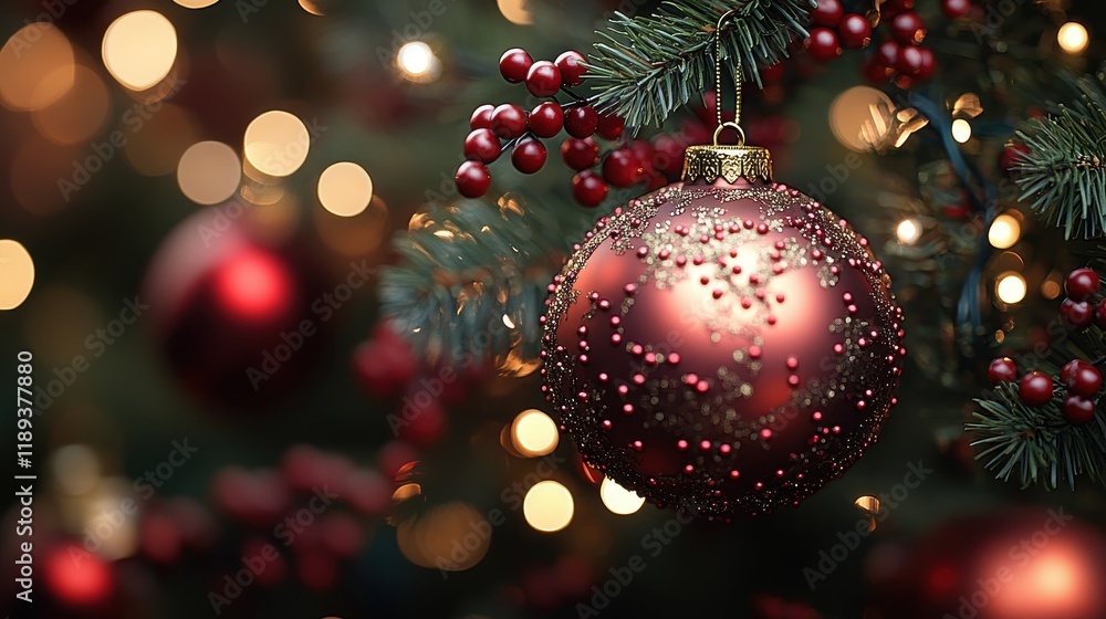 A close-up of a festive Christmas ornament on a decorated tree. A close-up of a festive Christmas ornament on a decorated tree.