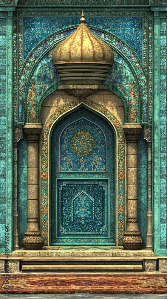 Fototapeta premium Ornate Blue Doorway with Intricate Patterns in Architectural Setting