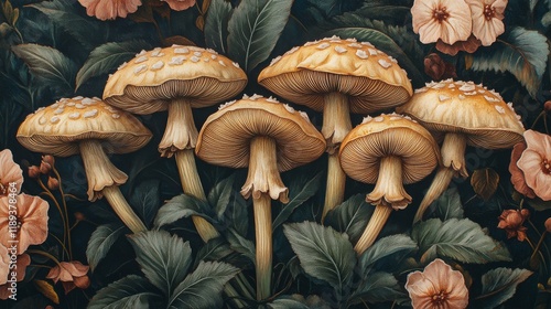 Colorful mushrooms growing among delicate flowers in a lush garden setting