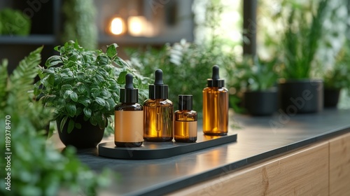 Essential oils and herbs arranged on a kitchen counter in a cozy home setting
