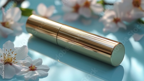 Elegant perfume bottle surrounded by delicate pink flowers on a marble surface
