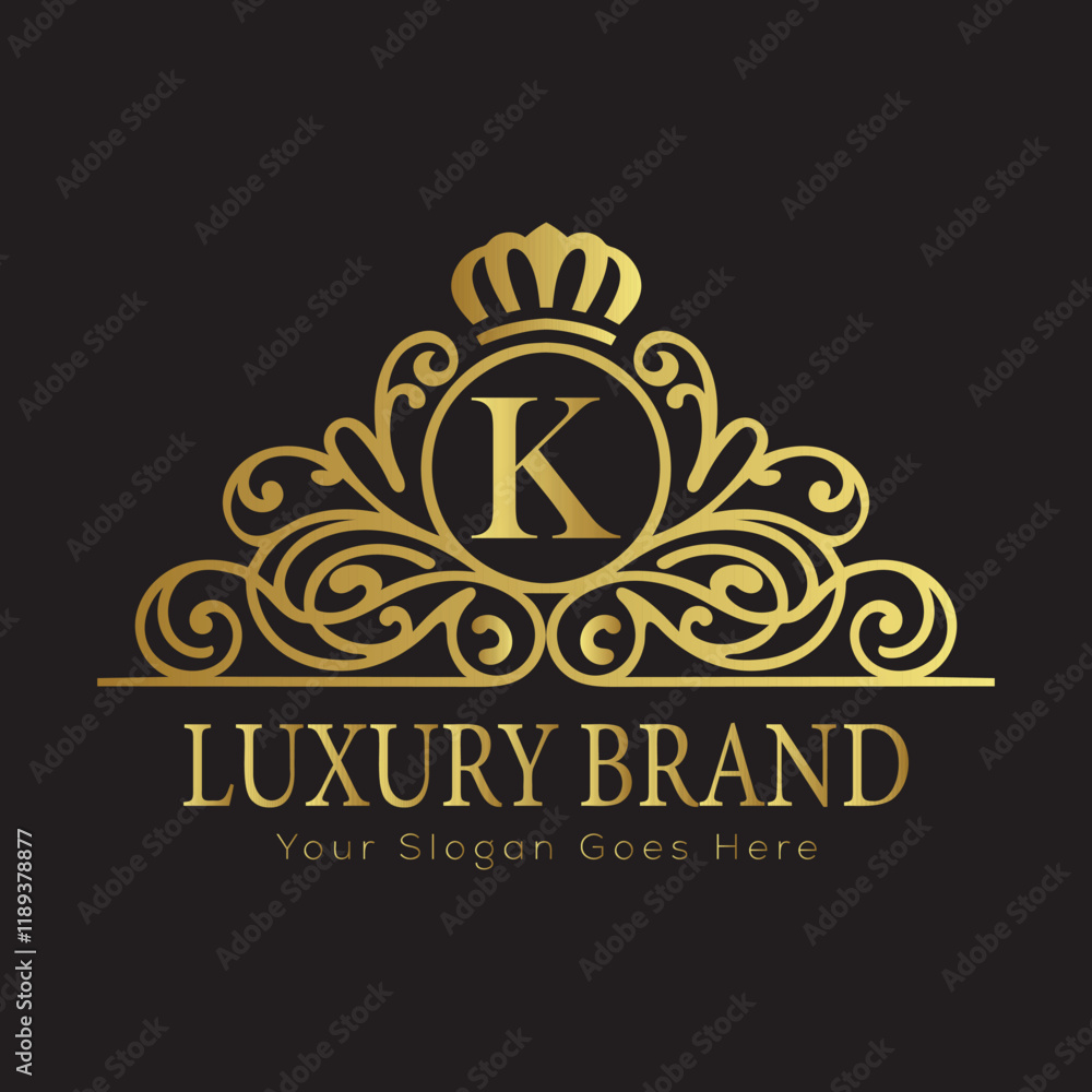 Fototapeta premium Letter Luxury brand logo design with a royal gold crown emblem and elegant typography 