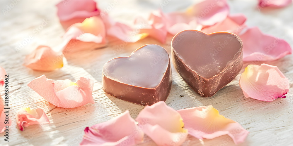 Two perfectly symmetrical heart-shaped chocolates placed on a wooden table, surrounded by scattered rose petals. For wedding birthday valentine's day Two perfectly symmetrical heart-shaped chocolates placed on a wooden table, surrounded by scattered rose petals. For wedding birthday valentine's day