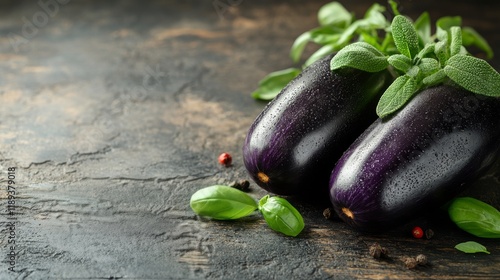 Fresh eggplant on rustic wooden surface with green leaves ready for cooking o...