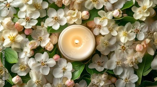 Candlelight surrounded by blooming flowers during a tranquil evening
