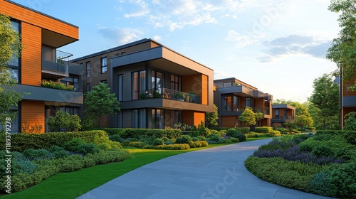 Modern residential area with landscaped pathways and contemporary architectur...