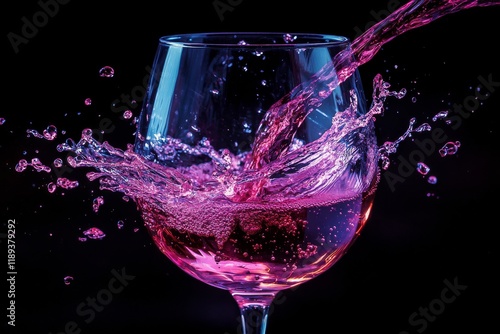 Pouring vibrant red liquid into a wine glass surrounded by colorful splashes ...