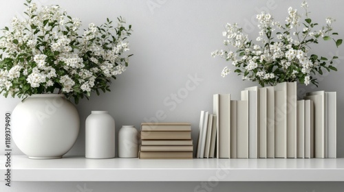Modern home decor with books and plants on a stylish shelf against a light bl...
