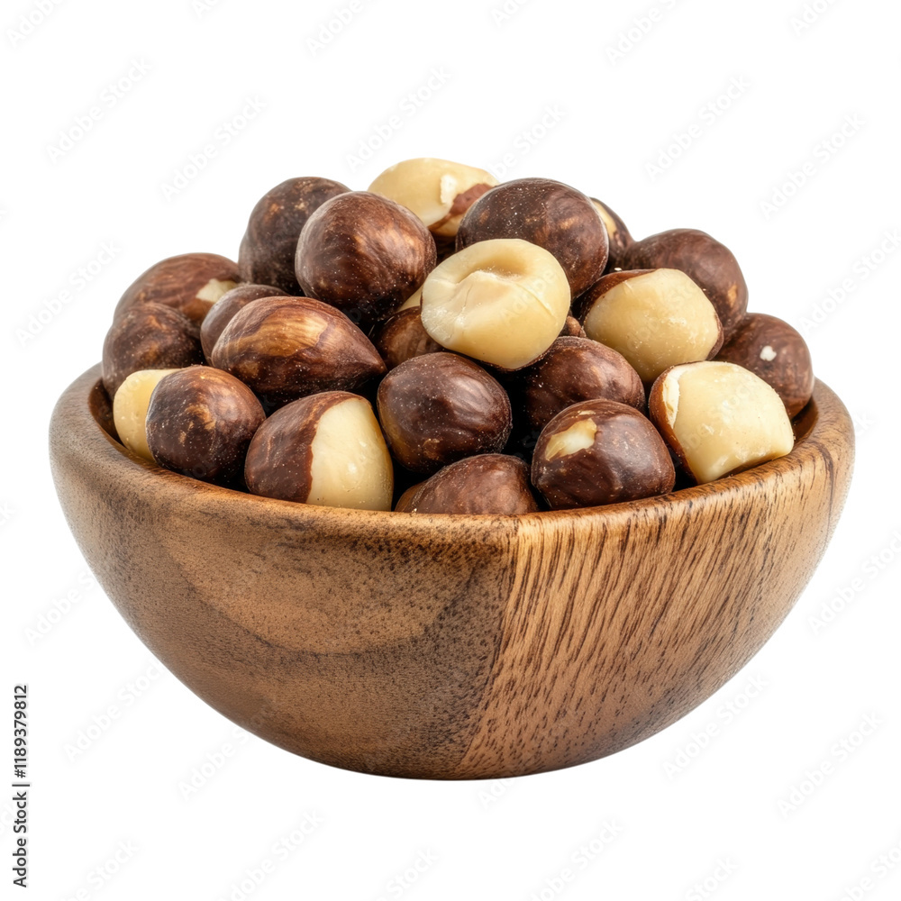 Obraz premium A Wooden Bowl Filled with Delicious Roasted Hazelnuts Ready to Eat