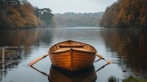 Serene wooden boat floating on calm river surrounded by lush greenery during ...