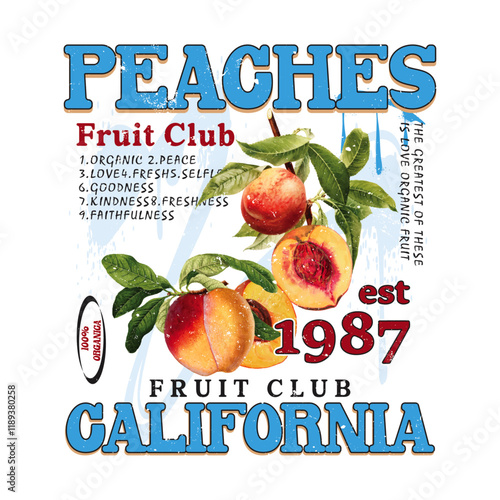 graphic print, peach fruits t Shirt designs, girls graphic, California Fruit Club, peach vector art with typography, retro vintage fruit illustration for tee,, women's food fashion graphics