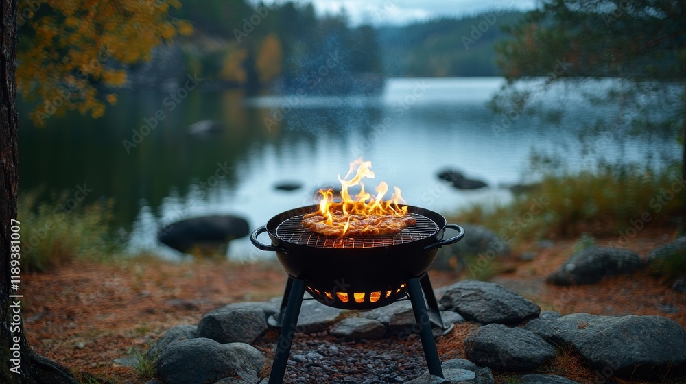 Grilling over a serene lake surrounded by autumn foliage on a cool evening Grilling over a serene lake surrounded by autumn foliage on a cool evening
