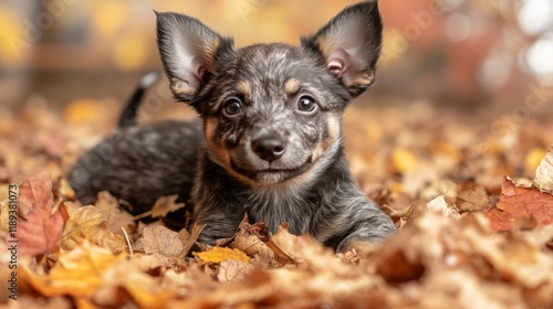 Playful puppy enjoys autumn leaves during a sunny afternoon in the park