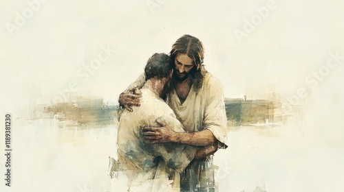 Watercolor painting of Jesus embracing an elderly man, conveying warmth and compassion.
