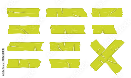 Yellow duct tape pieces on white background. Crumpled adhesive plastic tape for photo and paper package wrap. 3d realistic wrinkled scotch patches, sticky paper strips vector