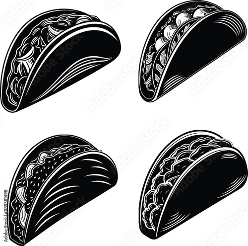 Four Black and White Vector Illustrations of Tacos with Various Fillings.Cinco de mayo