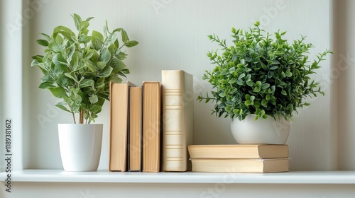 Bright and serene workspace with plants, books, and natural light filling the...
