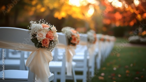 Elegant outdoor wedding ceremony setup surrounded by autumn foliage and flora...