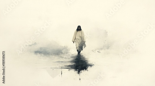 Jesus walking on water in soft, muted tones.
