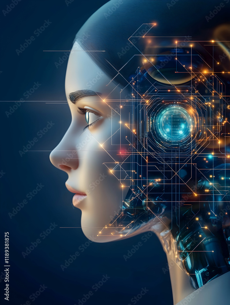 AI Female Robot Profile, Futuristic Technology, Circuitry, Blue Background, Digital Art, for Tech or Sci-Fi Projects AI Female Robot Profile, Futuristic Technology, Circuitry, Blue Background, Digital Art, for Tech or Sci-Fi Projects