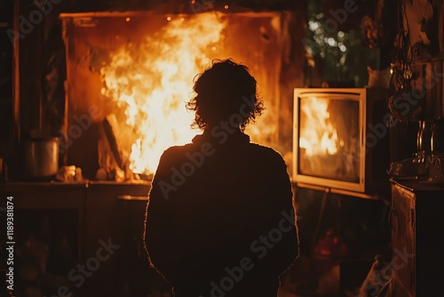 Man standing near campfire in rustic cabin during winter sunset