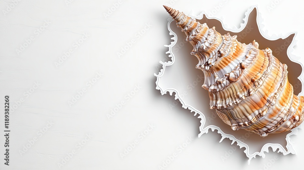 A spiral seashell rests on a light surface, highlighting its intricate patterns and textures against a soft background. A spiral seashell rests on a light surface, highlighting its intricate patterns and textures against a soft background.