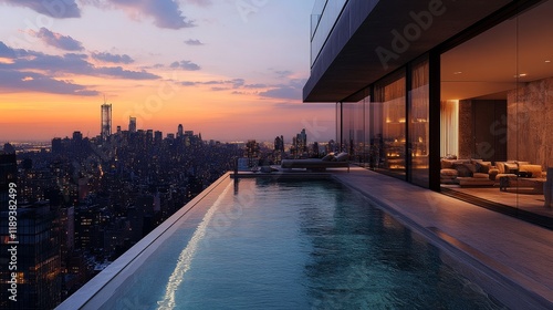 Captivating sunset over city skyline from rooftop infinity pool in a vibrant ...