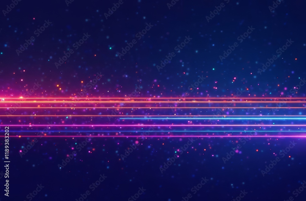 Obraz premium Abstract background, horizontal multi-colored light neon lines on a dark background surrounded by bokeh and lights