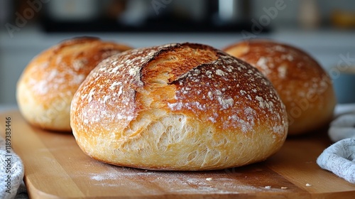 Freshly baked artisan bread loaves cooling on a wooden board in a cozy kitchen