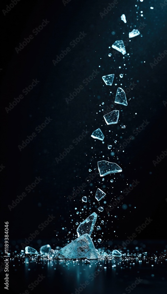 Fototapeta premium Broken glass scattered on a dark background with splinters, darkness, shattered fragments