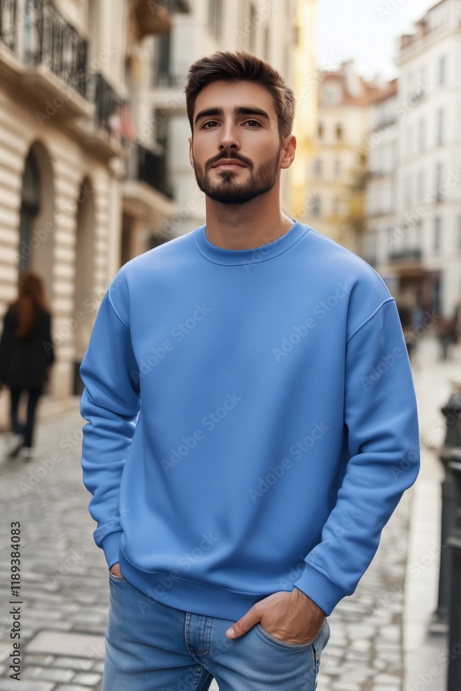 A stylish young man in a blue color sweatshirt mockup stands confidently on a cobblestone street, surrounded by charming buildings. The atmosphere is urban and vibrant, showcasing a modern.