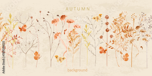 watercolor banner with dry brown grass and butterflies. border with autumn wild herbs on grungy paper background