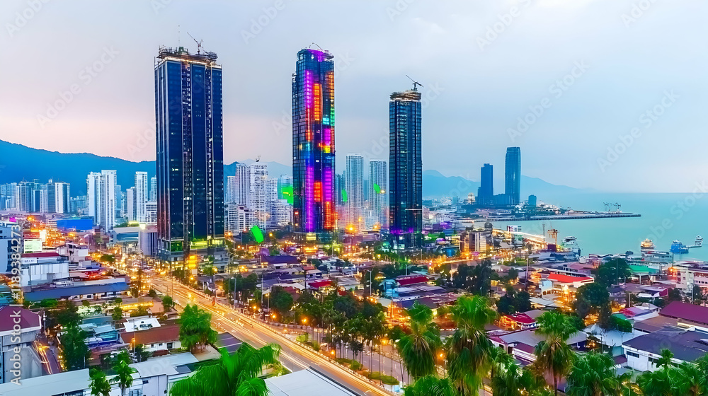 Fototapeta premium Coastal city skyline at dusk, buildings illuminated, traffic on highway, mountains in background; ideal for travel brochures