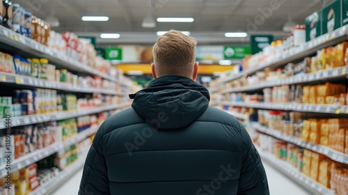 A man in a dark jacket stands between supermarket aisles, glancing back amidst vivid grocery shelves, evoking a sense of decision or contemplation. photo