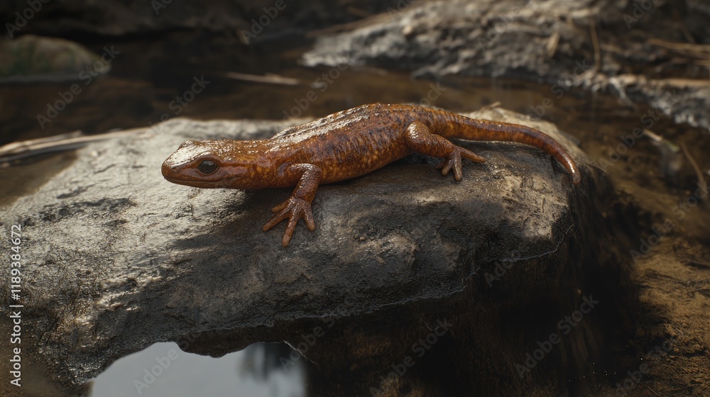 A salamander rests on a rock in an ash-stained stream, surrounded by darkened water. A salamander rests on a rock in an ash-stained stream, surrounded by darkened water.