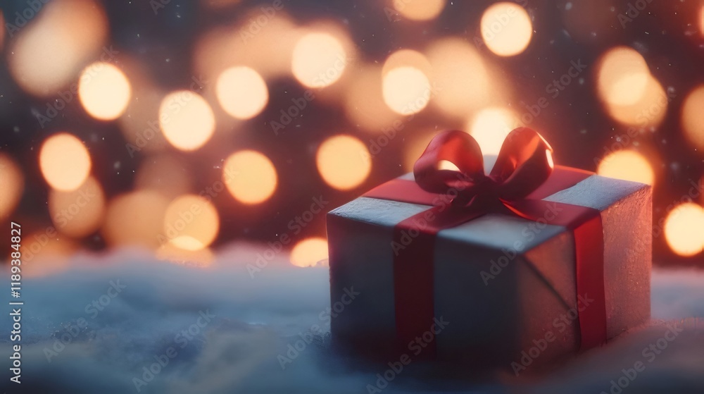 Wrapped gift with red ribbon on snowy ground, bokeh lights. Wrapped gift with red ribbon on snowy ground, bokeh lights.
