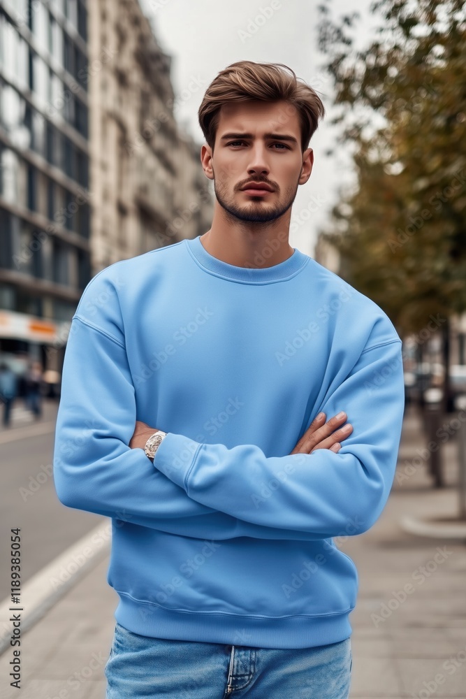 A stylish young man stands confidently on a city street, wearing a light blue color sweatshirt mockup and light jeans. He has a serious expression, with arms crossed, surrounded by urban architecture. A stylish young man stands confidently on a city street, wearing a light blue color sweatshirt mockup and light jeans. He has a serious expression, with arms crossed, surrounded by urban architecture.