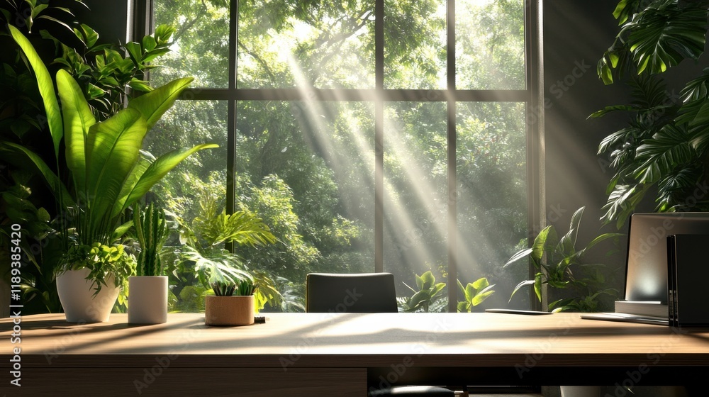 A modern office space filled with lush green plants and sunlight A modern office space filled with lush green plants and sunlight