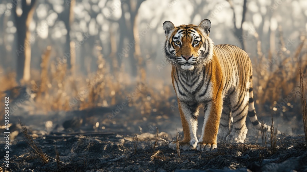 Fototapeta premium A tiger pausing at the edge of a burnt clearing, its alert posture reflecting the danger of its changed habitat.