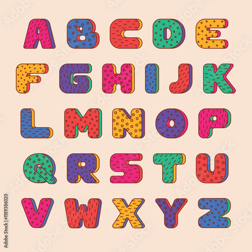 Multicolor memphis alphabet set. Decorative pattern typography. Modern vector type with colorful abstract letters for headline, poster, social web, brochure, etc.